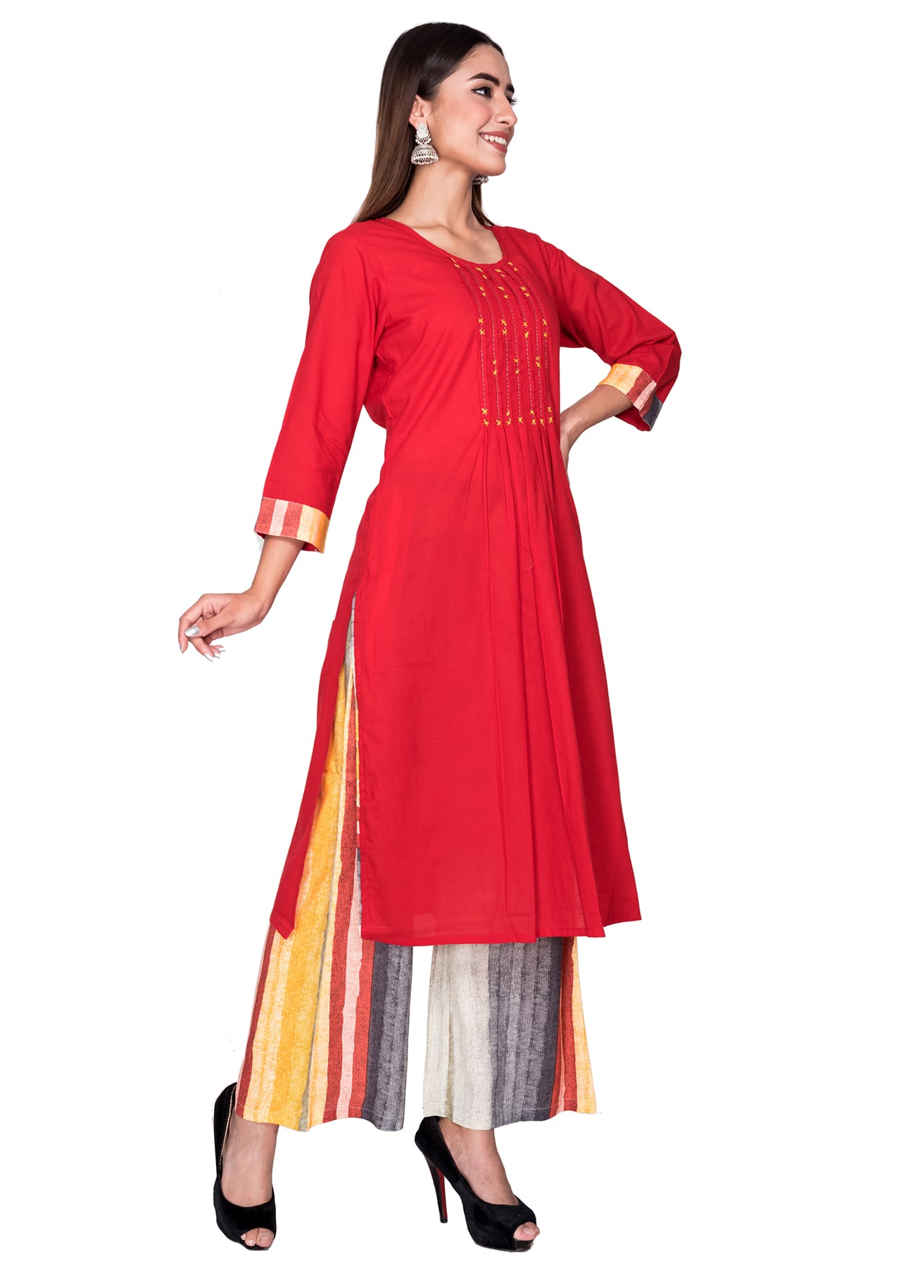 Misskurti Red Color Embroidered Lunier Kurti with MultiColor Rayon Palazzo