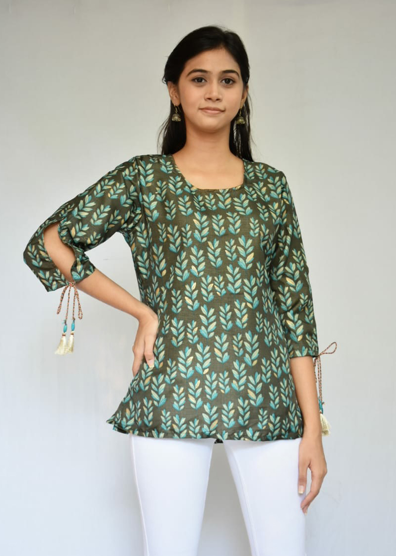 Misskurti Latest Floral Printed Green Muslin Top