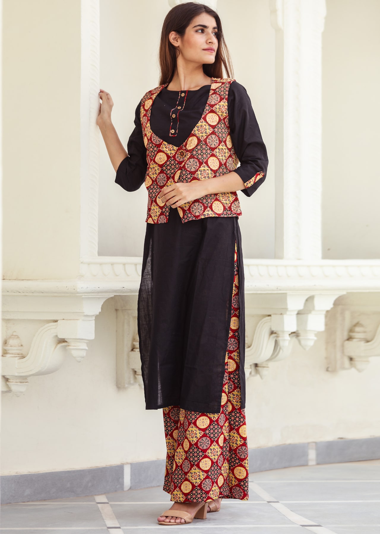 Misskurti Brown Cotton Kurti with Printed Palazzo and Jacket Set