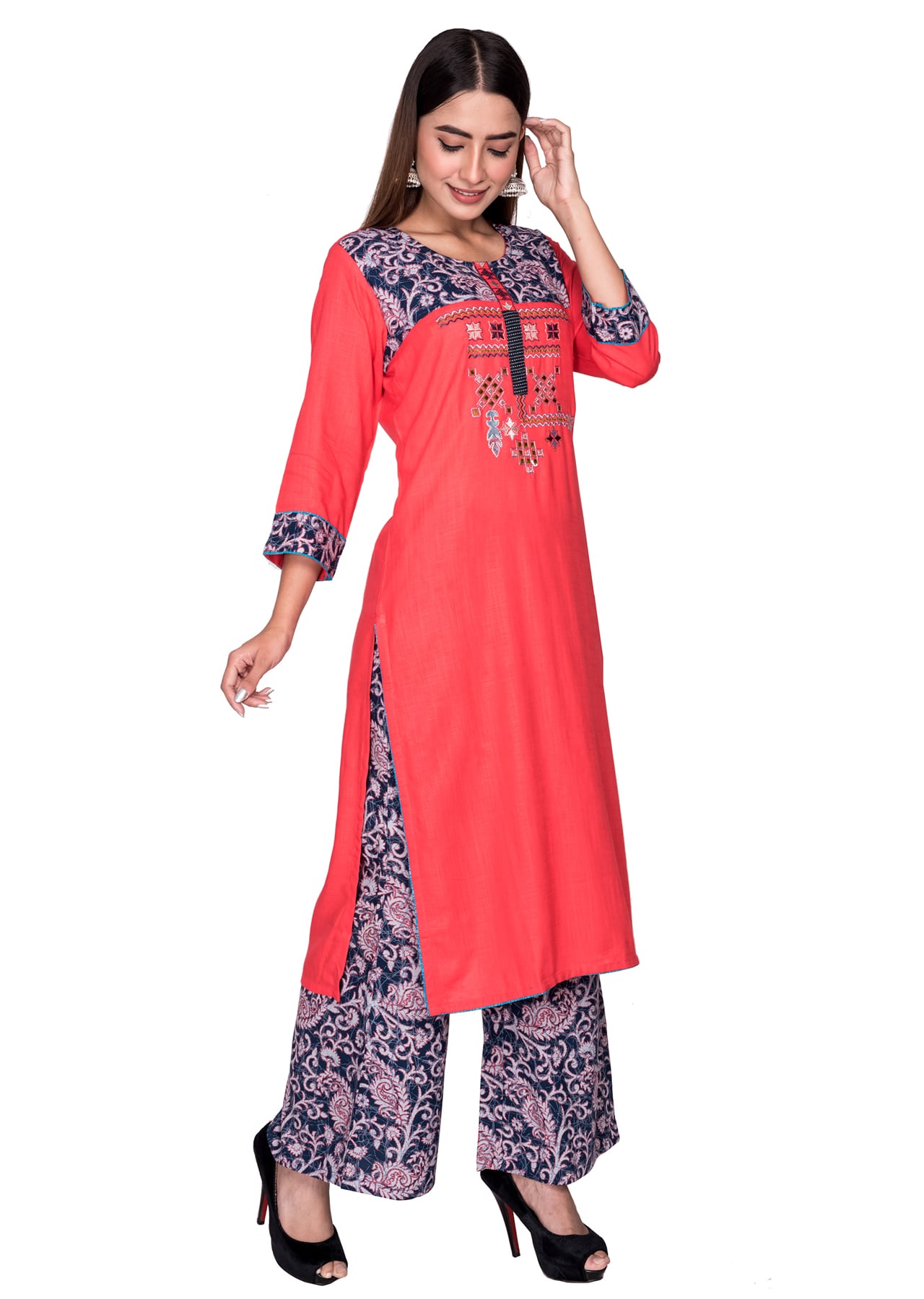 Misskurti Red Cotton Embroidered Kurti with Printed Blue Palazzo